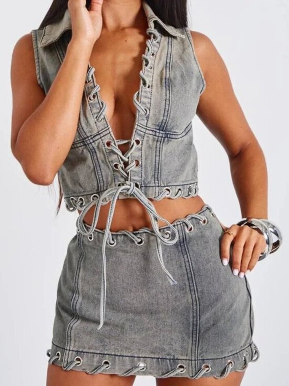 NWT Vintage Denim Lace Up Halterneck Top